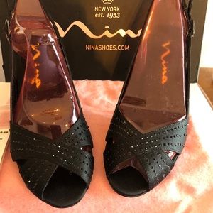 NINA Camille Black Satin Peeptoe Slingback, Size 6